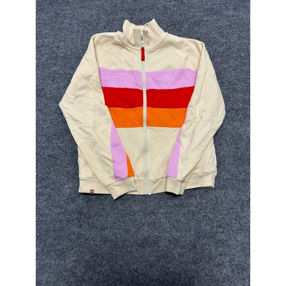 LEGO Track Jacket Womens Size M Cream Pink Red Orange Striped Full Zip Mock Neck